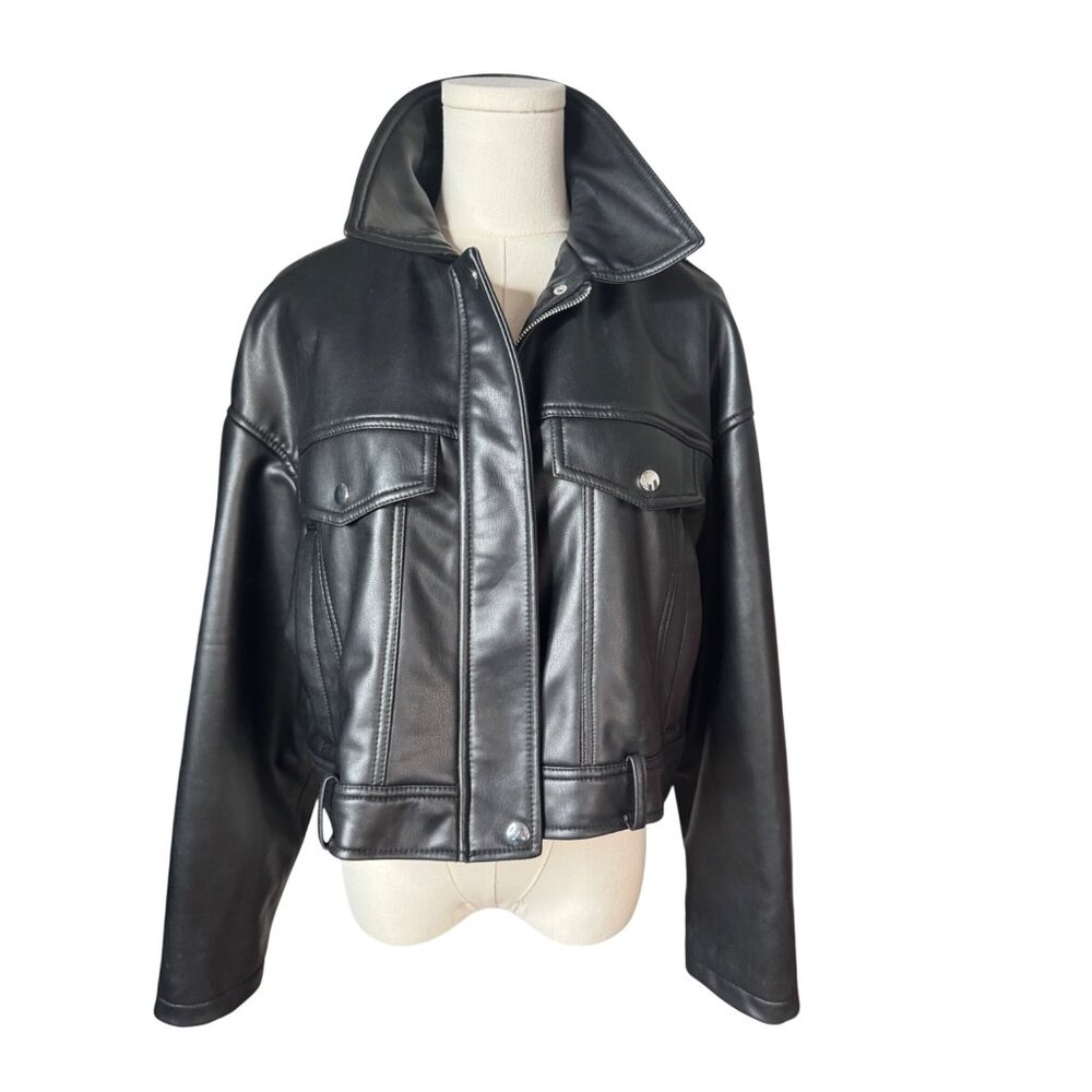 Zara Black Faux Leather Bomber Jacket